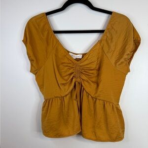Pink Rose Mustard Peplum Top Ruched Front Short Sleeve Boho Casual Medium